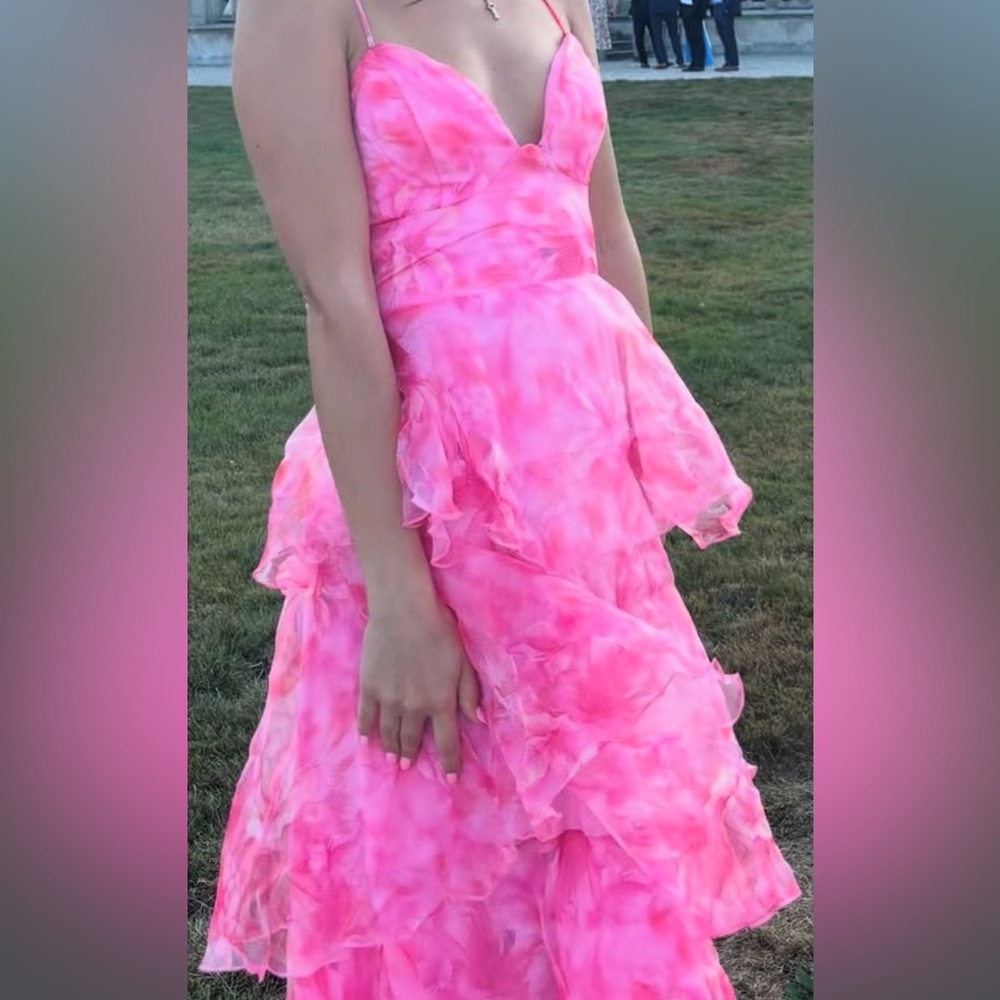 Pink Tiered Maxi Dress with Deep V and Crossback Ties
